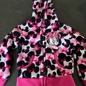 Disney Girls Black White Pink Minnie Mouse Hooded Fleece Zip Sweatshirt
